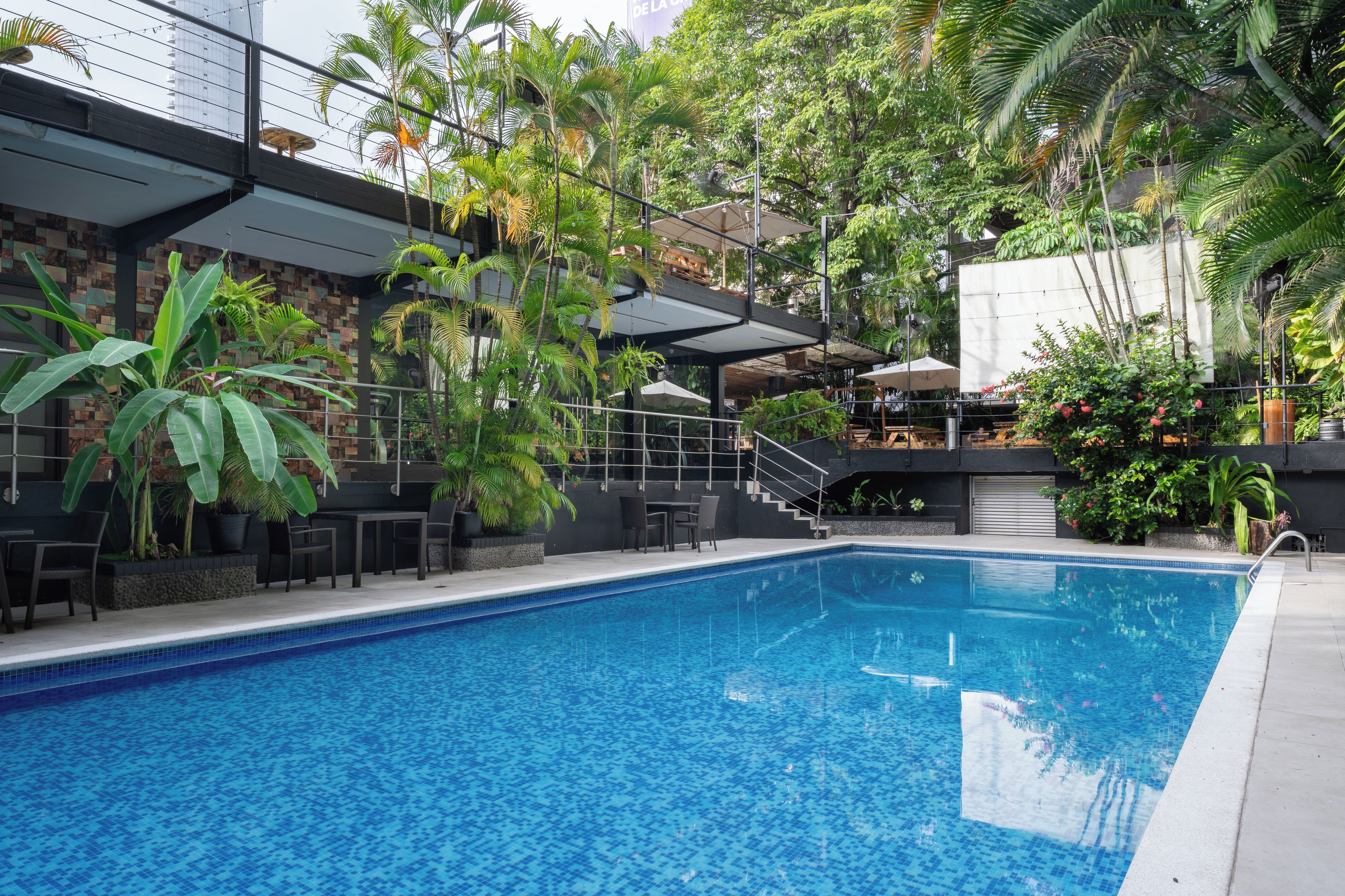 A swimming pool with a tiled edge, surrounded by lush greenery and outdoor seating.