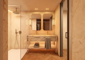 Shower, rainfall showerhead, hair dryer, bathrobes