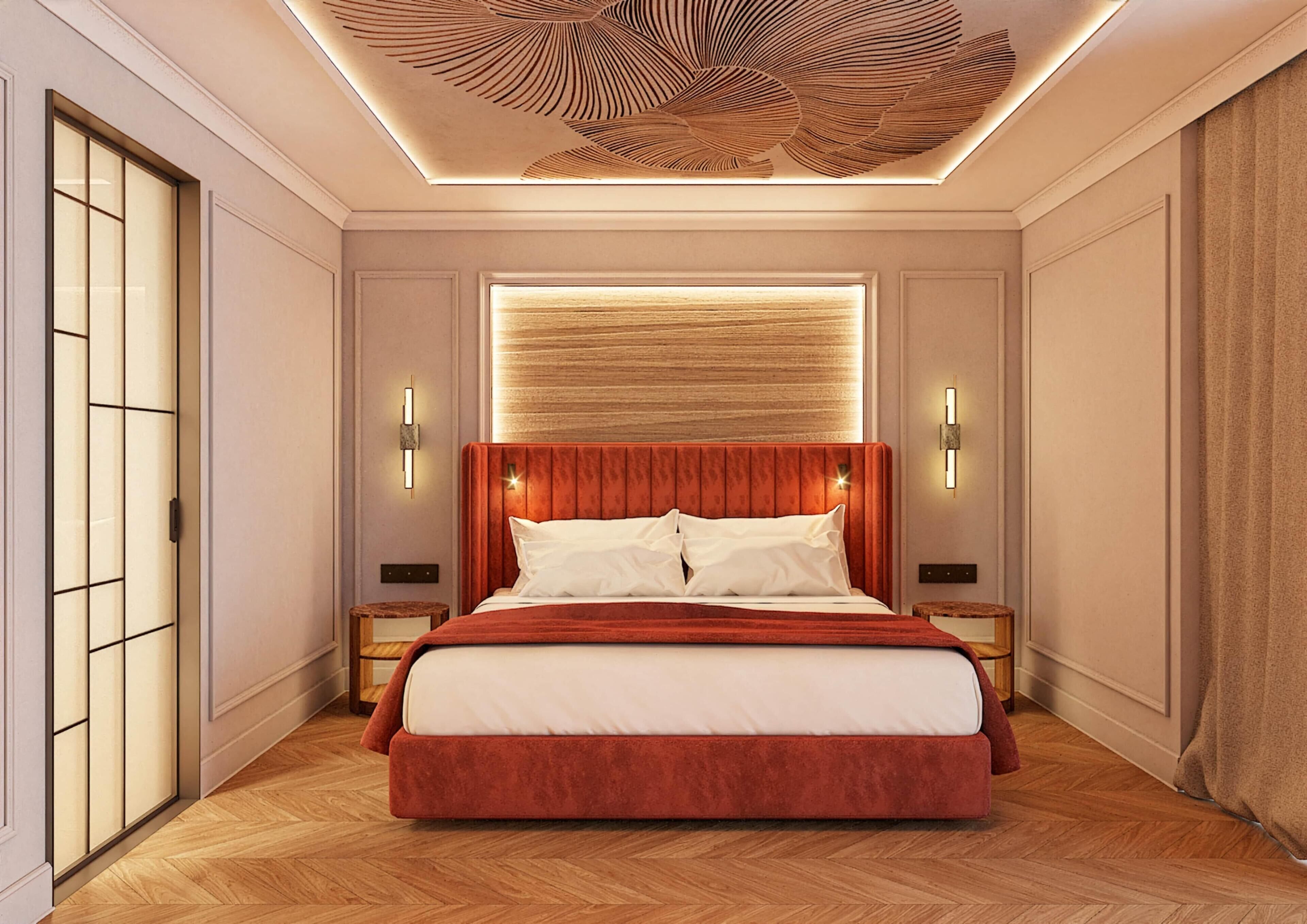 Een moderne slaapkamer met een groot bed, een houten hoofdbord en sfeervolle verlichting.