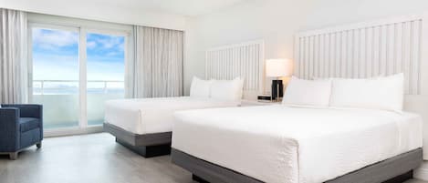 A hotel room with two beds, a chair, a large window with curtains, and a view of the sky.
