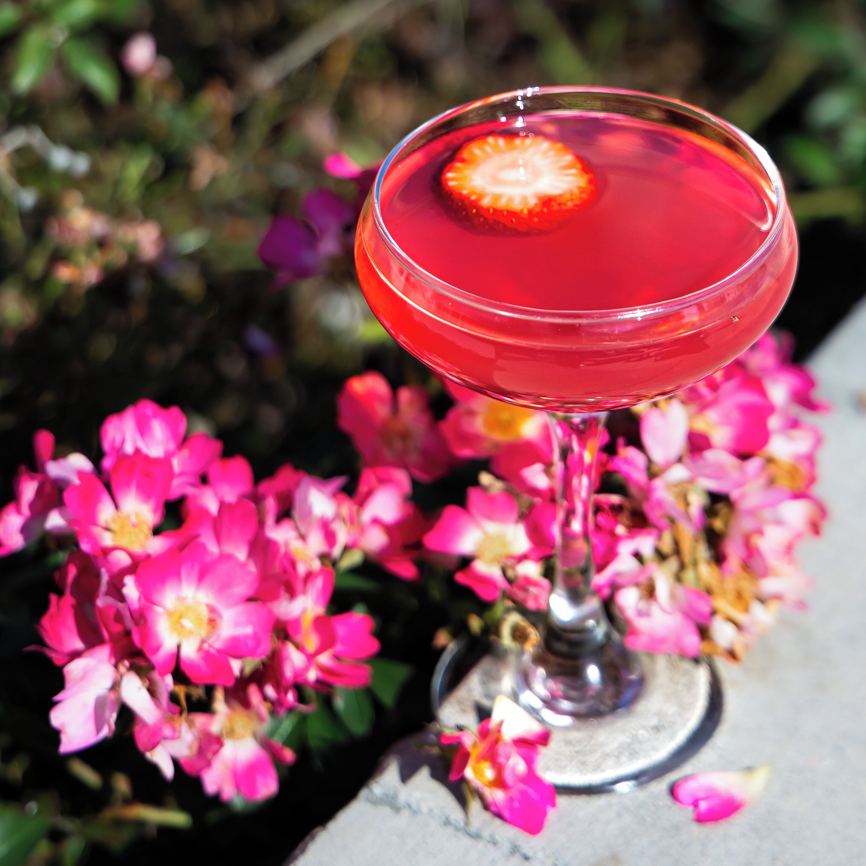 A cocktail glass with a red drink and a strawberry garnish, placed on a surface with pink flowers around it.