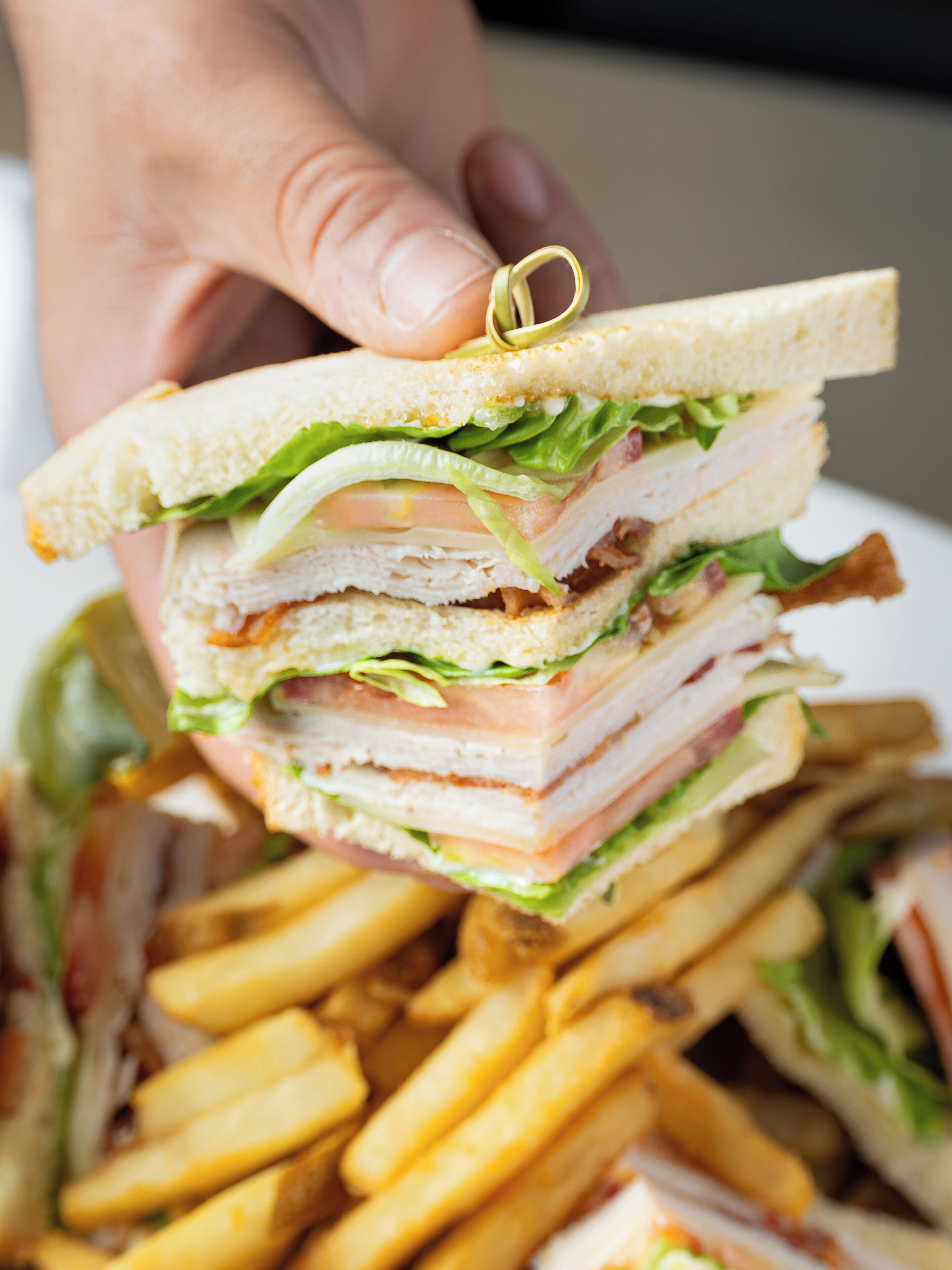 Un sándwich con varias capas de ingredientes, sostenido por una mano, con una porción de papas fritas al fondo.