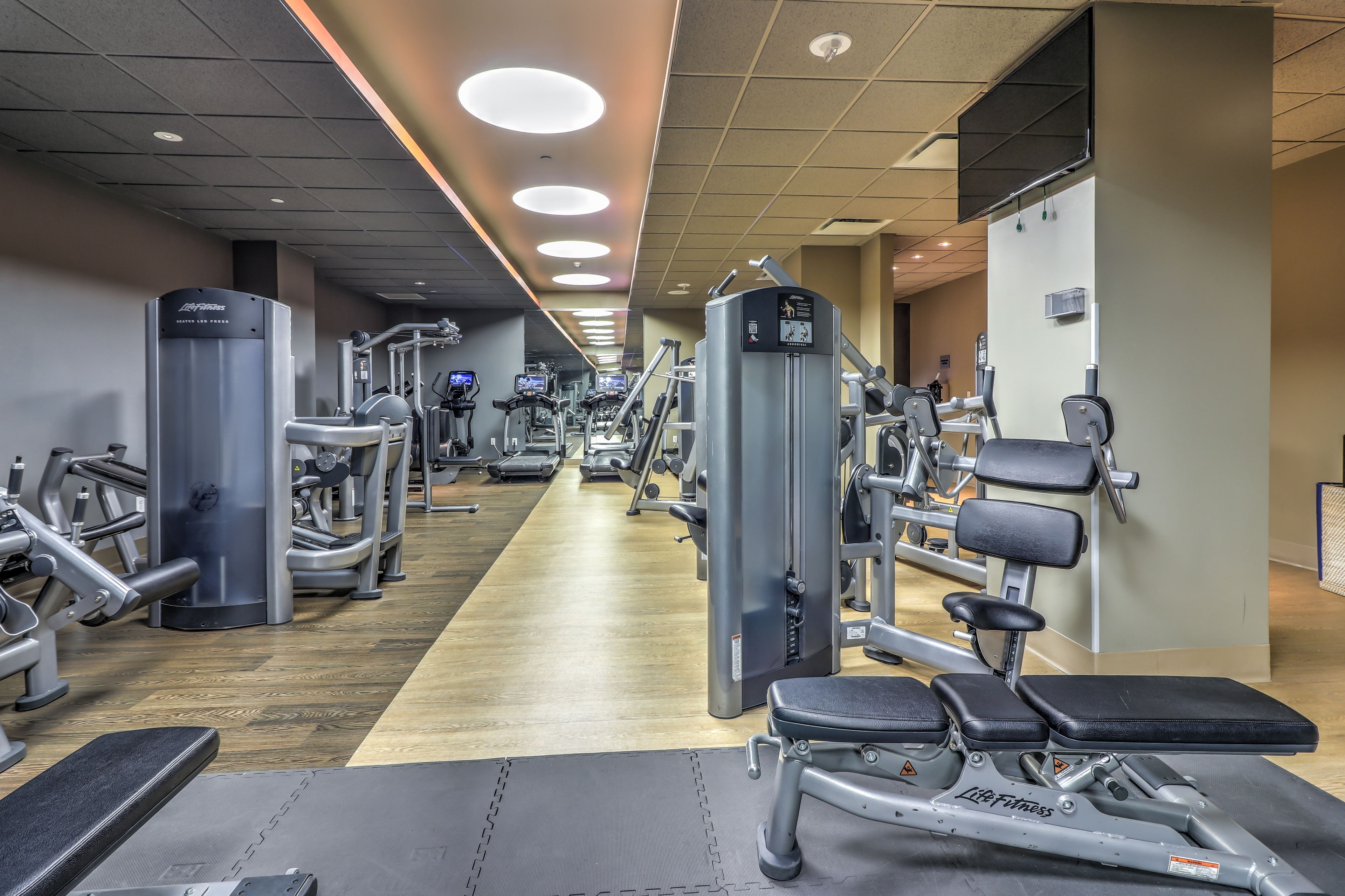 A gym with various exercise machines, a bench, and a mirrored wall.