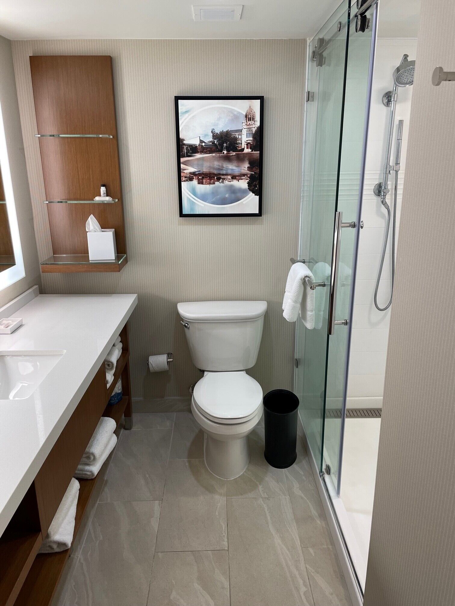 Un baño moderno con inodoro, cabina de ducha de vidrio, lavabo y un cuadro enmarcado en la pared.