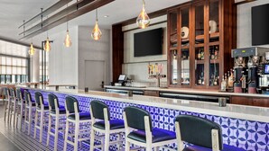 Zona de bar amb un taulell llarg, diversos tamborets i una televisió penjada a la paret.