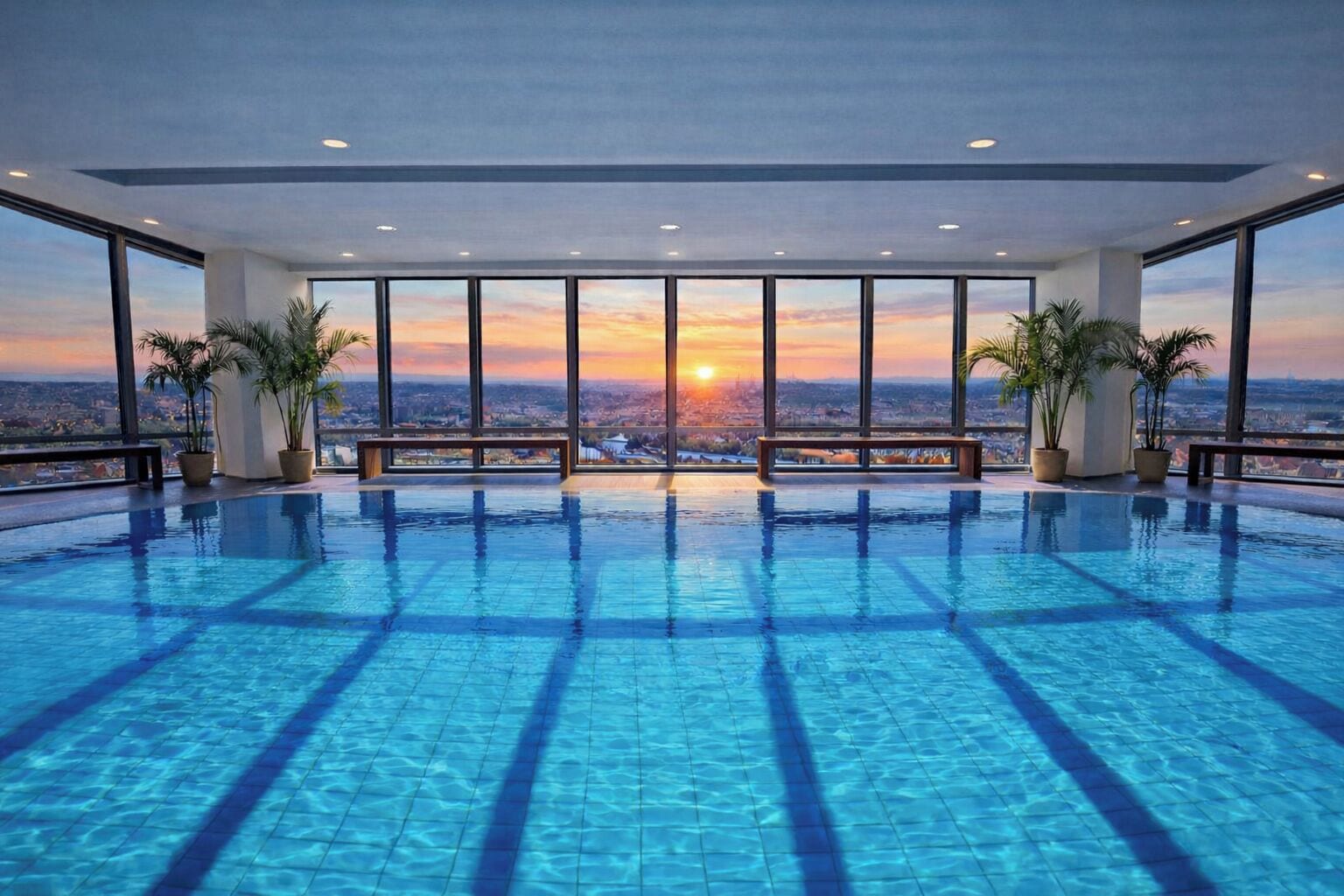 Une piscine à débordement intérieure offrant une vue sur le paysage urbain au coucher du soleil.