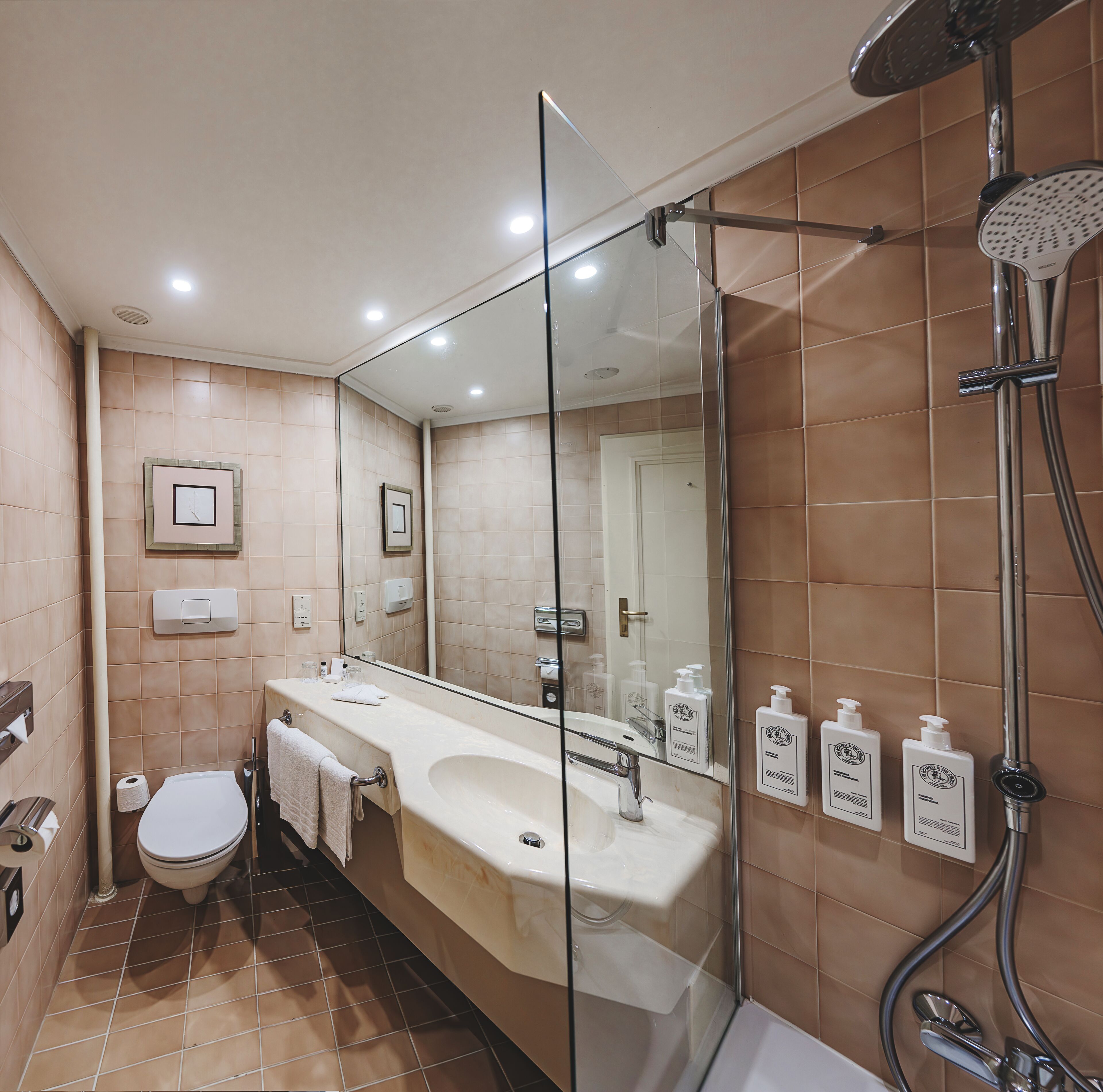 designer toiletries, hair dryer, towels, soap