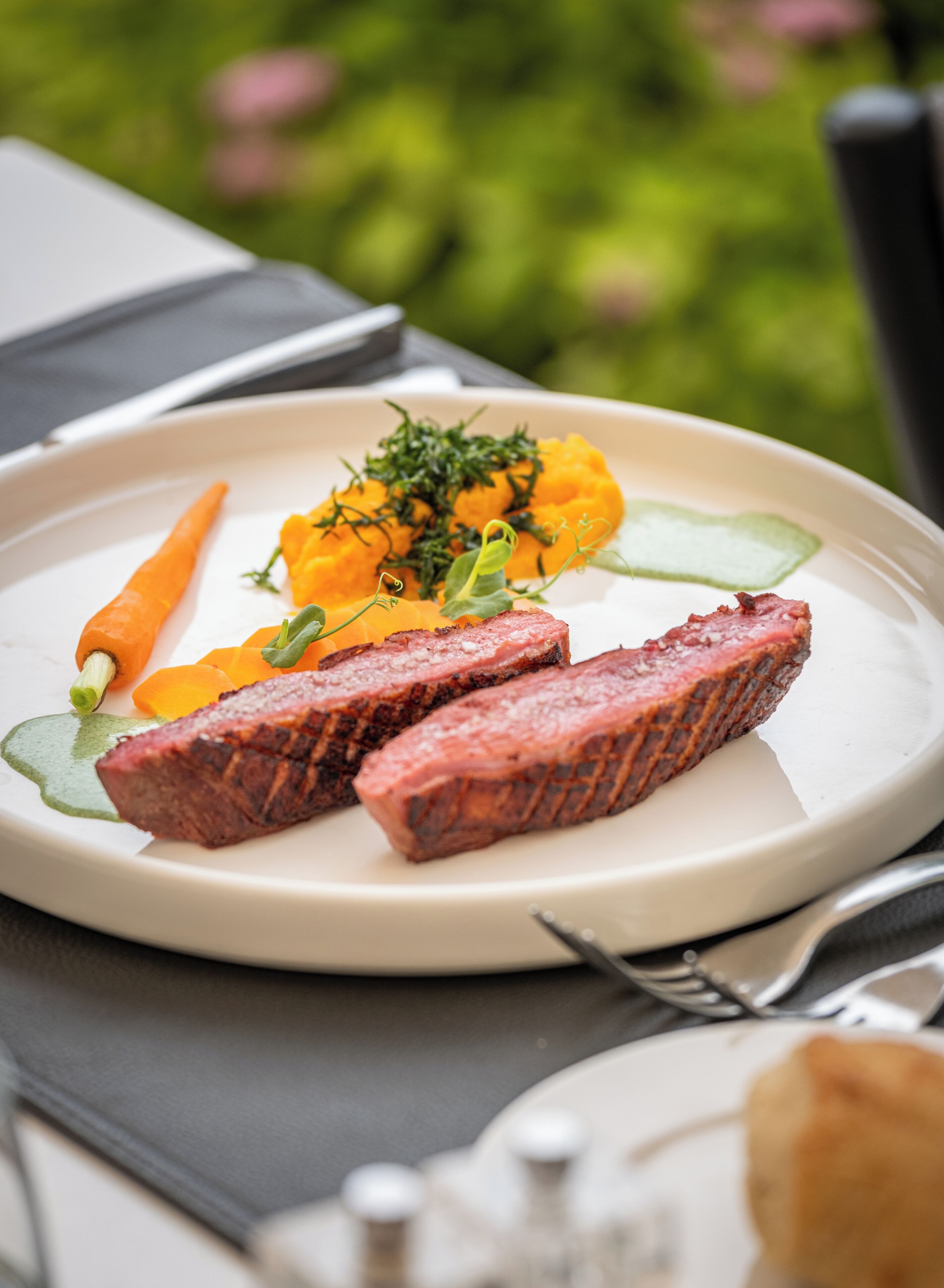 Un plato con bistec, zanahorias y salsa verde.