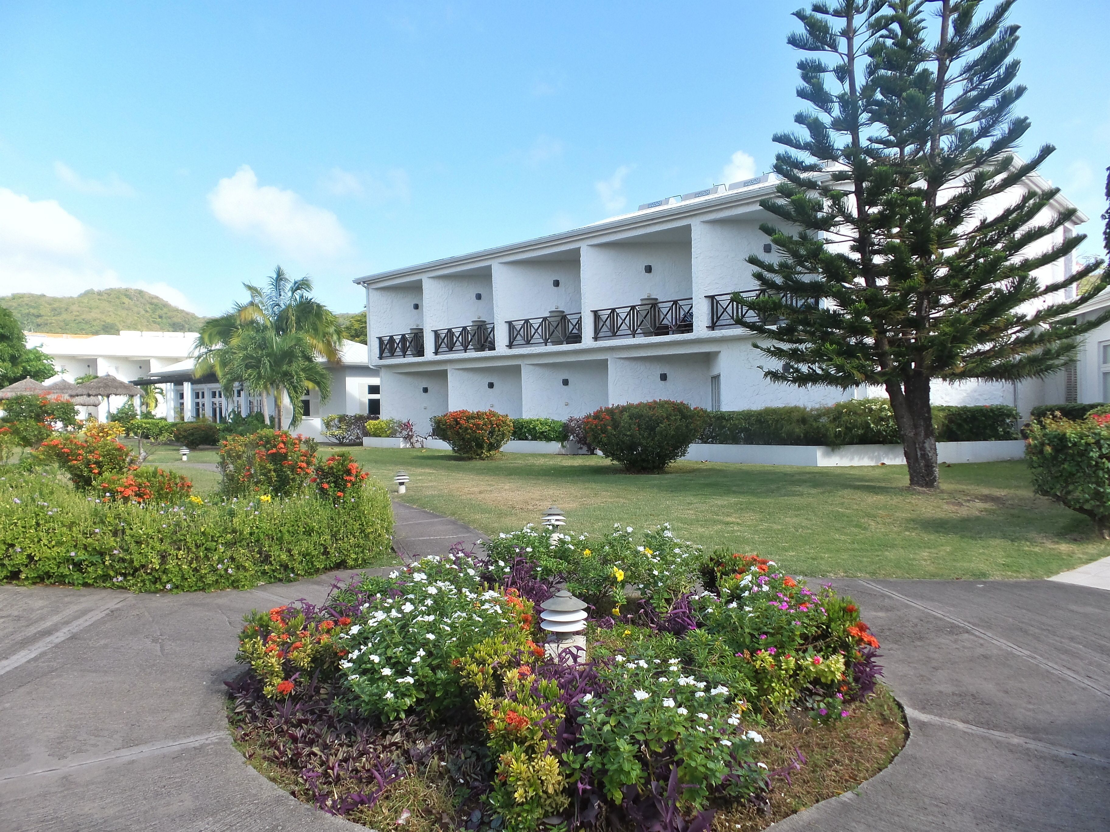 A multi-story building with a white exterior, surrounded by well-maintained gardens and a large tree.