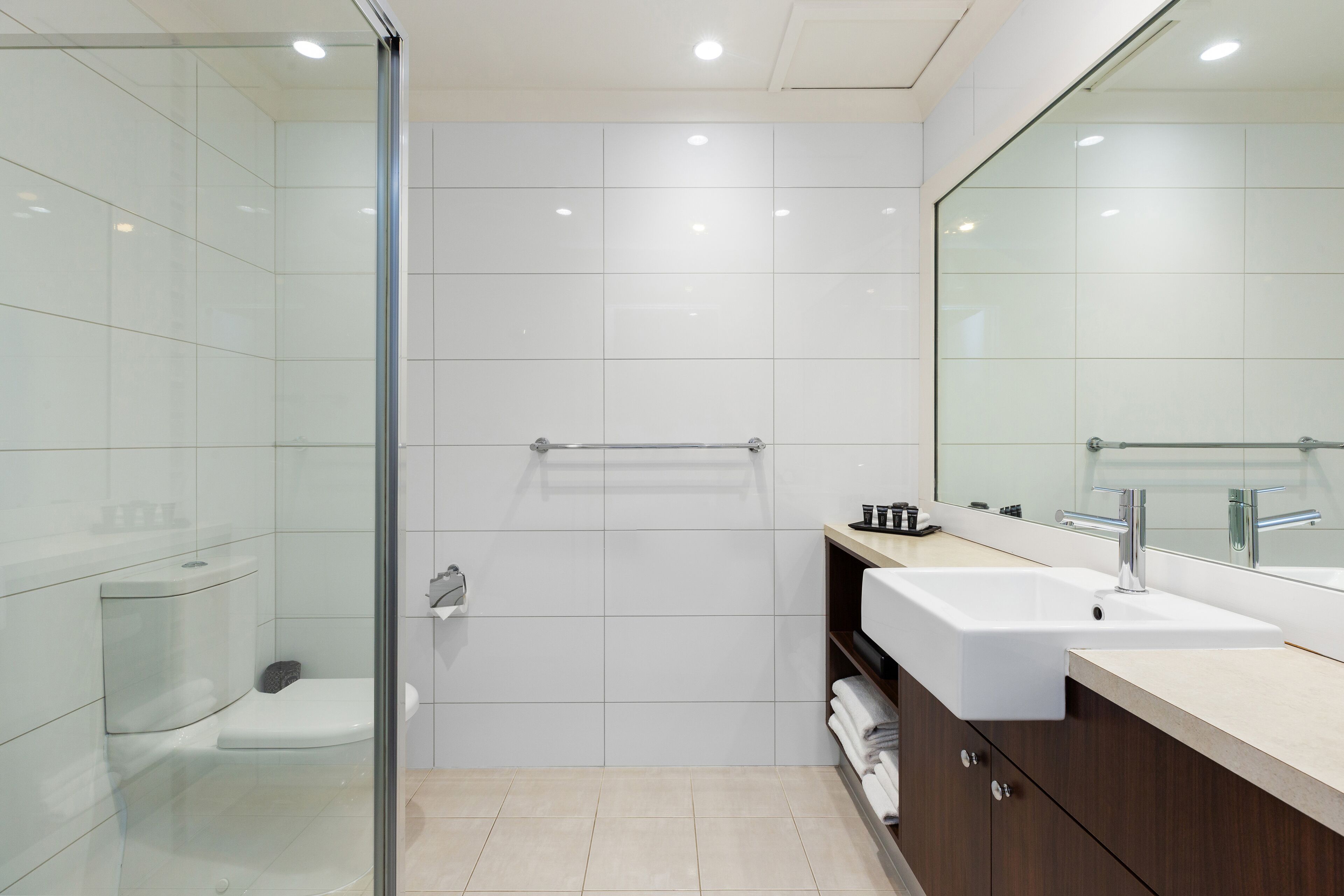A modern bathroom with a glass shower enclosure, a white sink, and a large mirror.