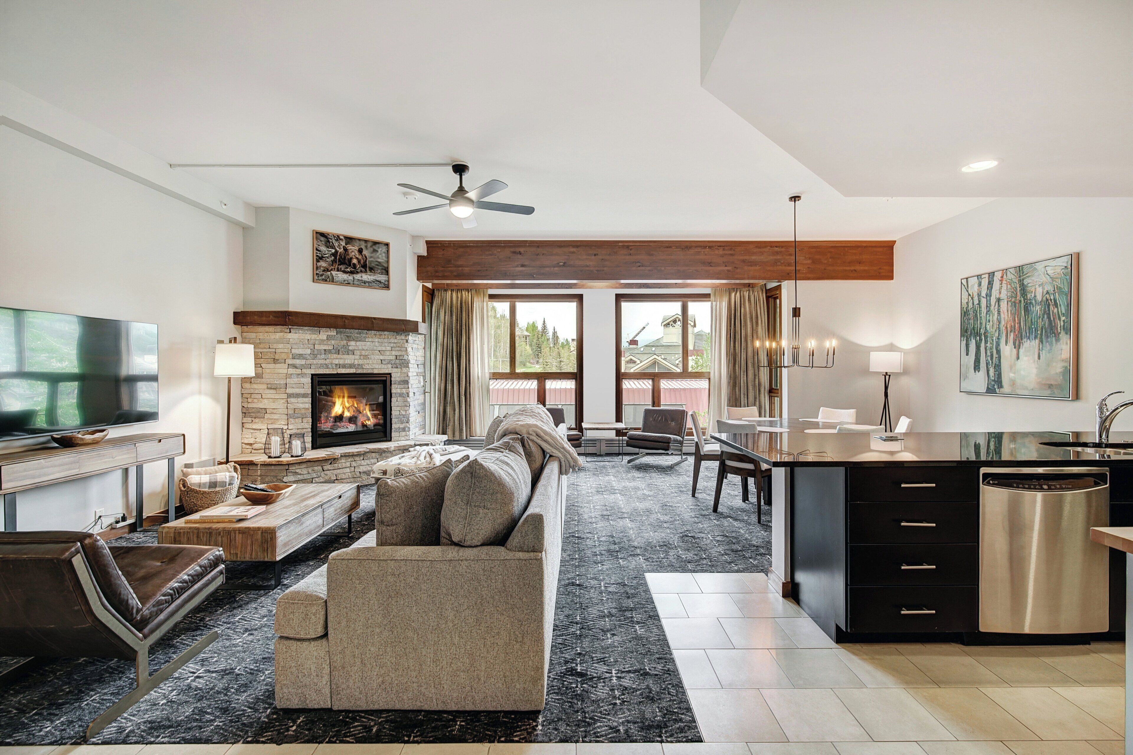 A modern living room with a fireplace, a sofa, a television, and a kitchen area with a dishwasher.