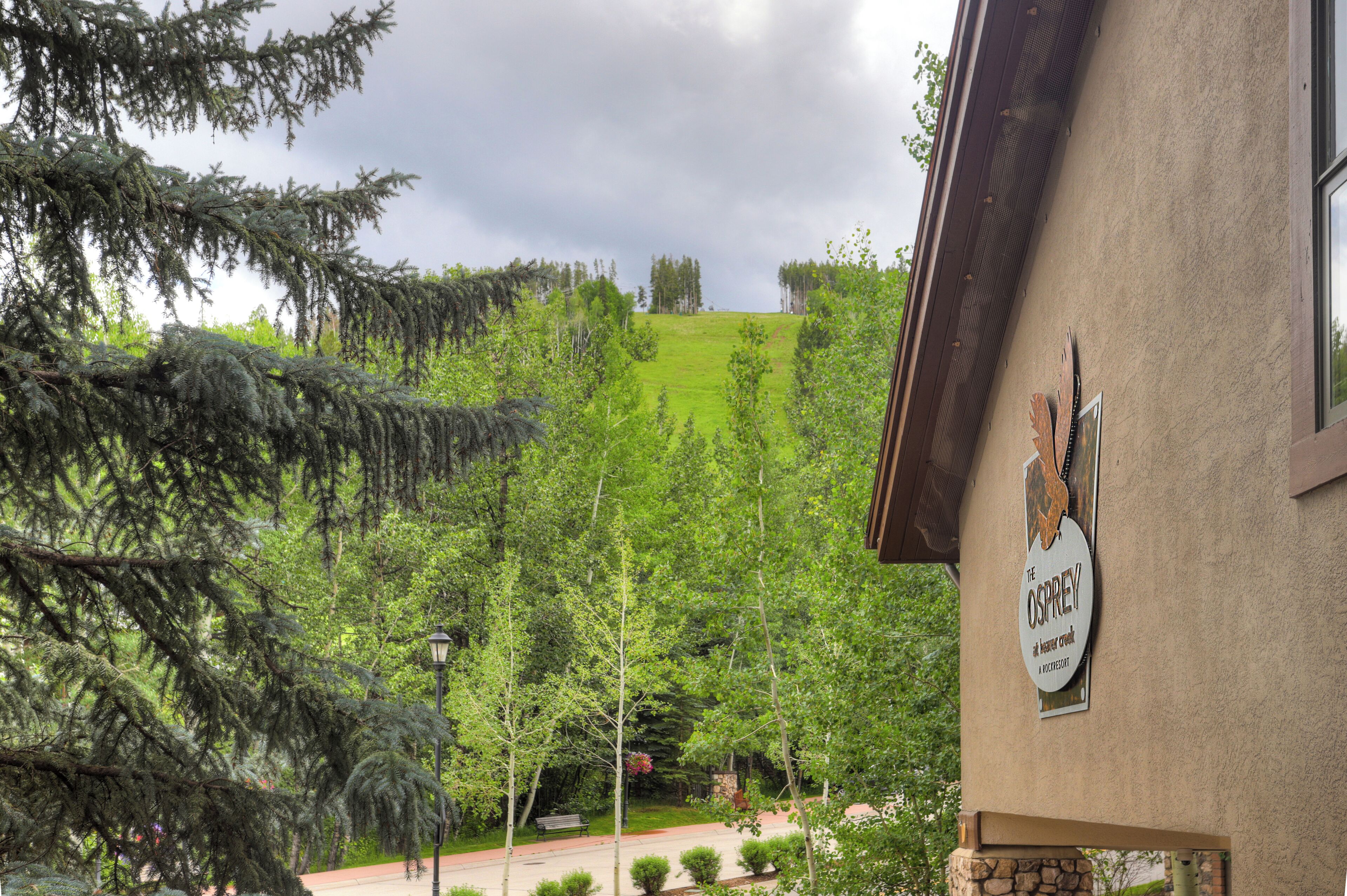 A building with a sign reading "The Osprey" and a view of a green hill in the background.