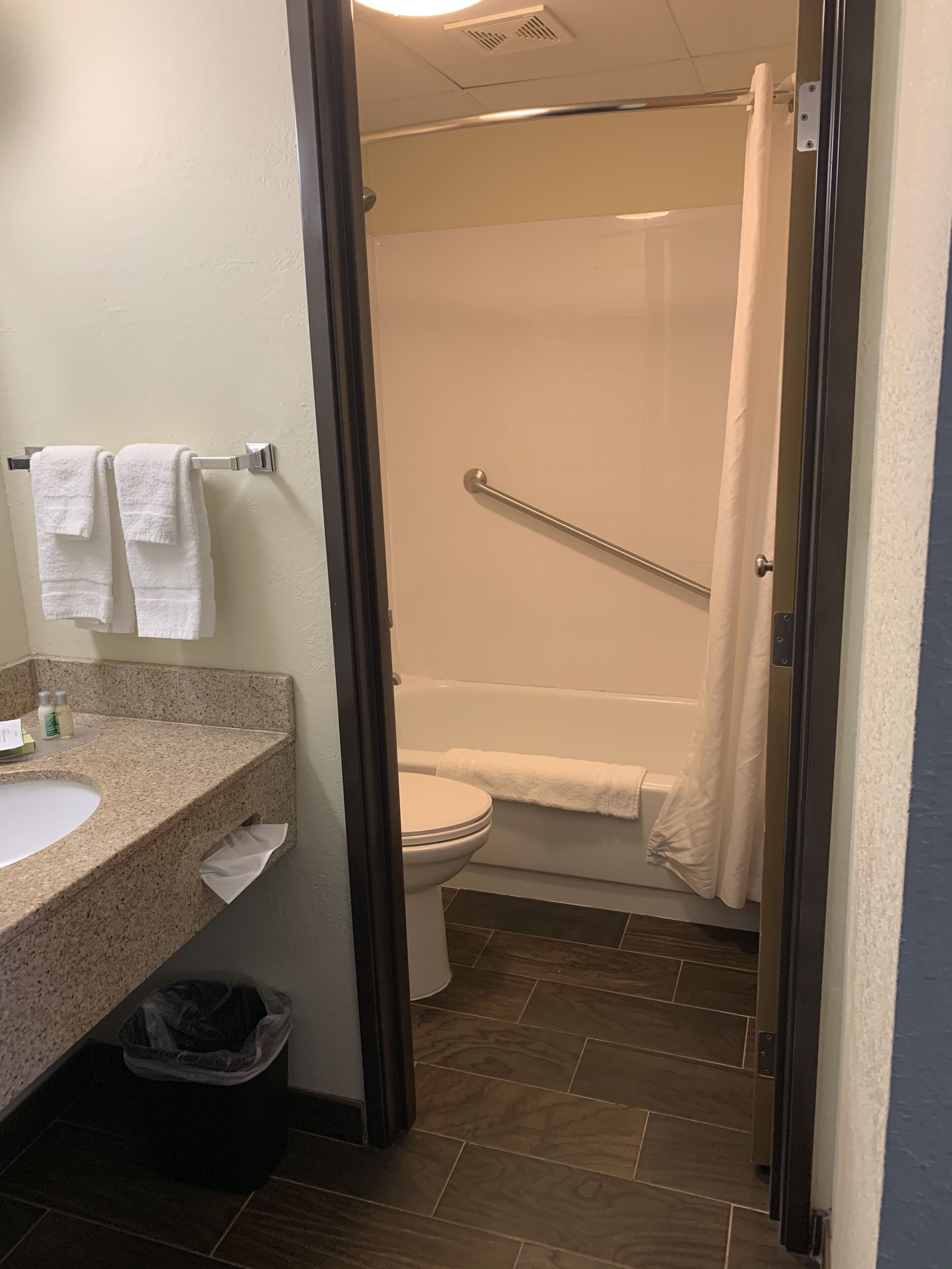 combined shower/bathtub, free toiletries, hair dryer, towels