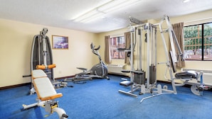 Een sportschool met diverse fitnessapparaten, een bank en een raam met uitzicht op bomen.