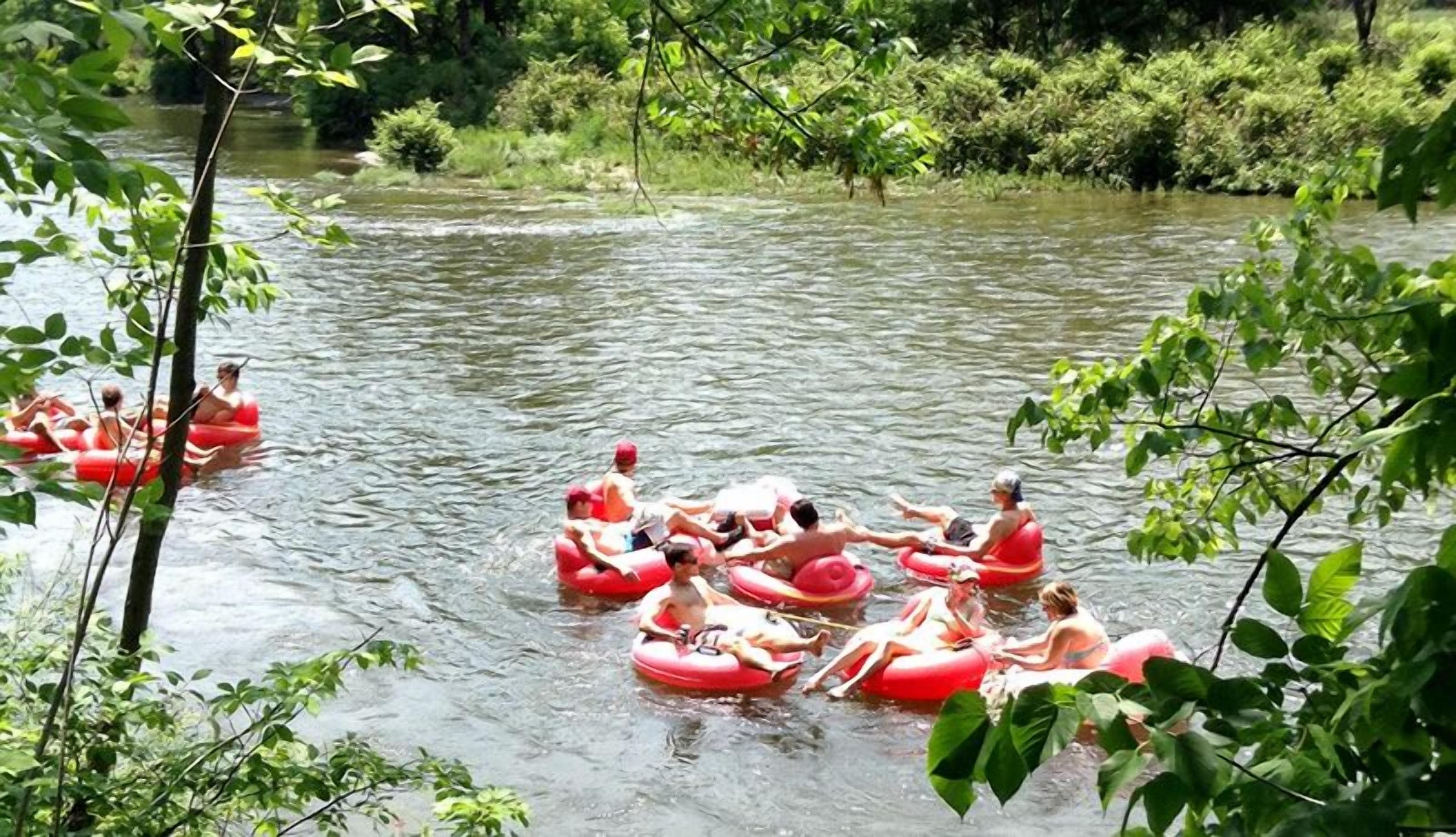 People floating on red rafts in a river surrounded by greenery.