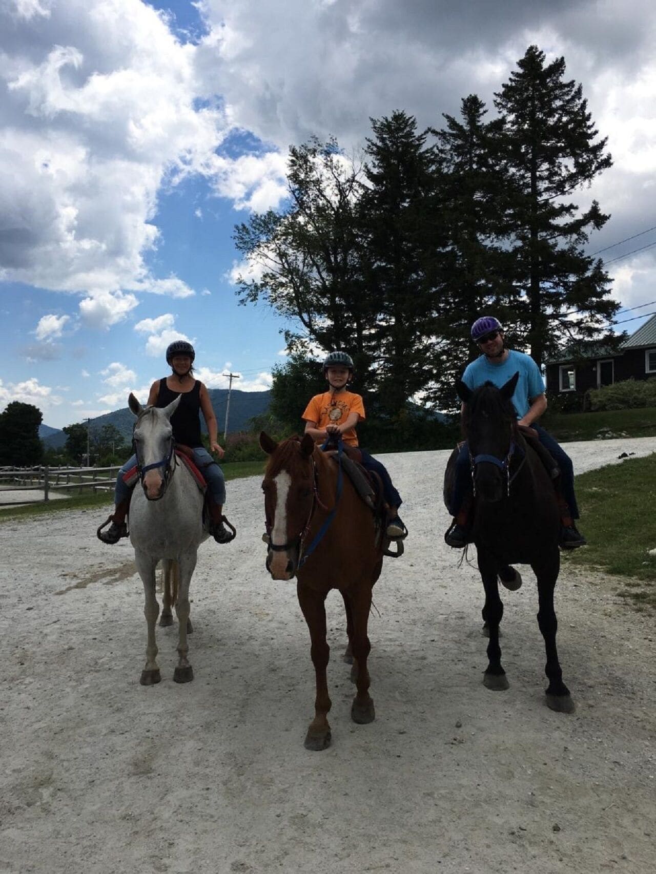 Drei Personen reiten auf Pferden auf einem Feldweg, im Hintergrund Bäume und ein Haus.
