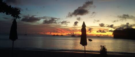 Escena de playa con sombrillas y un atardecer.