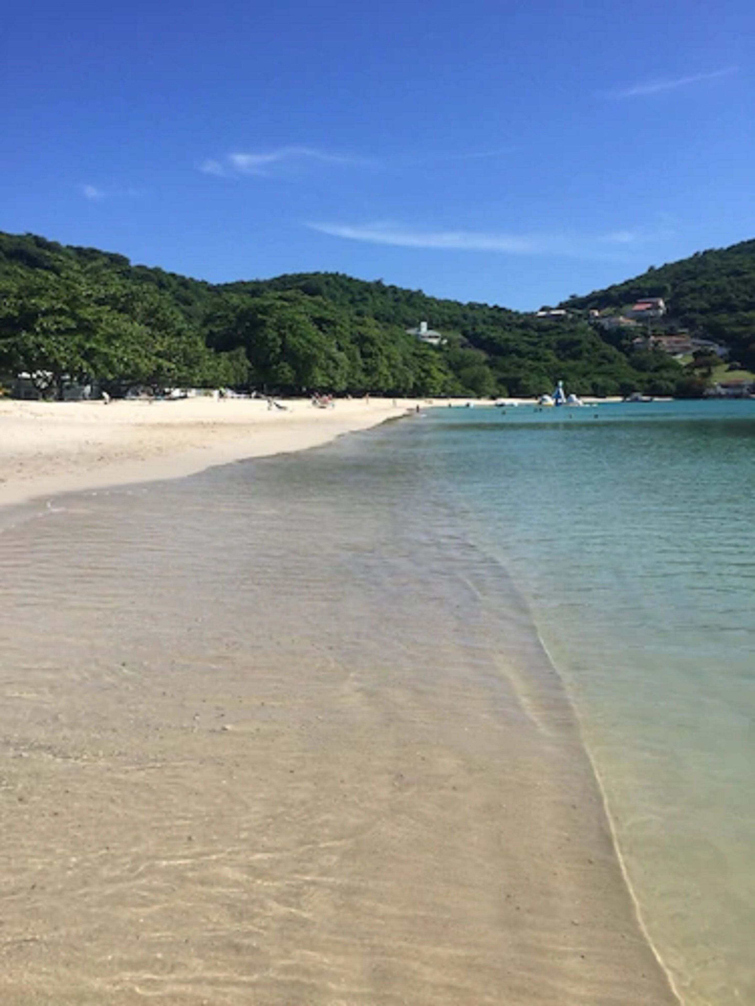 A beach with clear water, sandy shore, and green hills in the background.