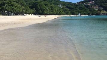 A beach with clear water, sandy shore, and green hills in the background.