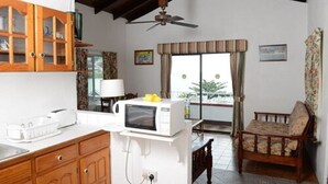 A compact room with a kitchenette, a dining area, and a view through a window.