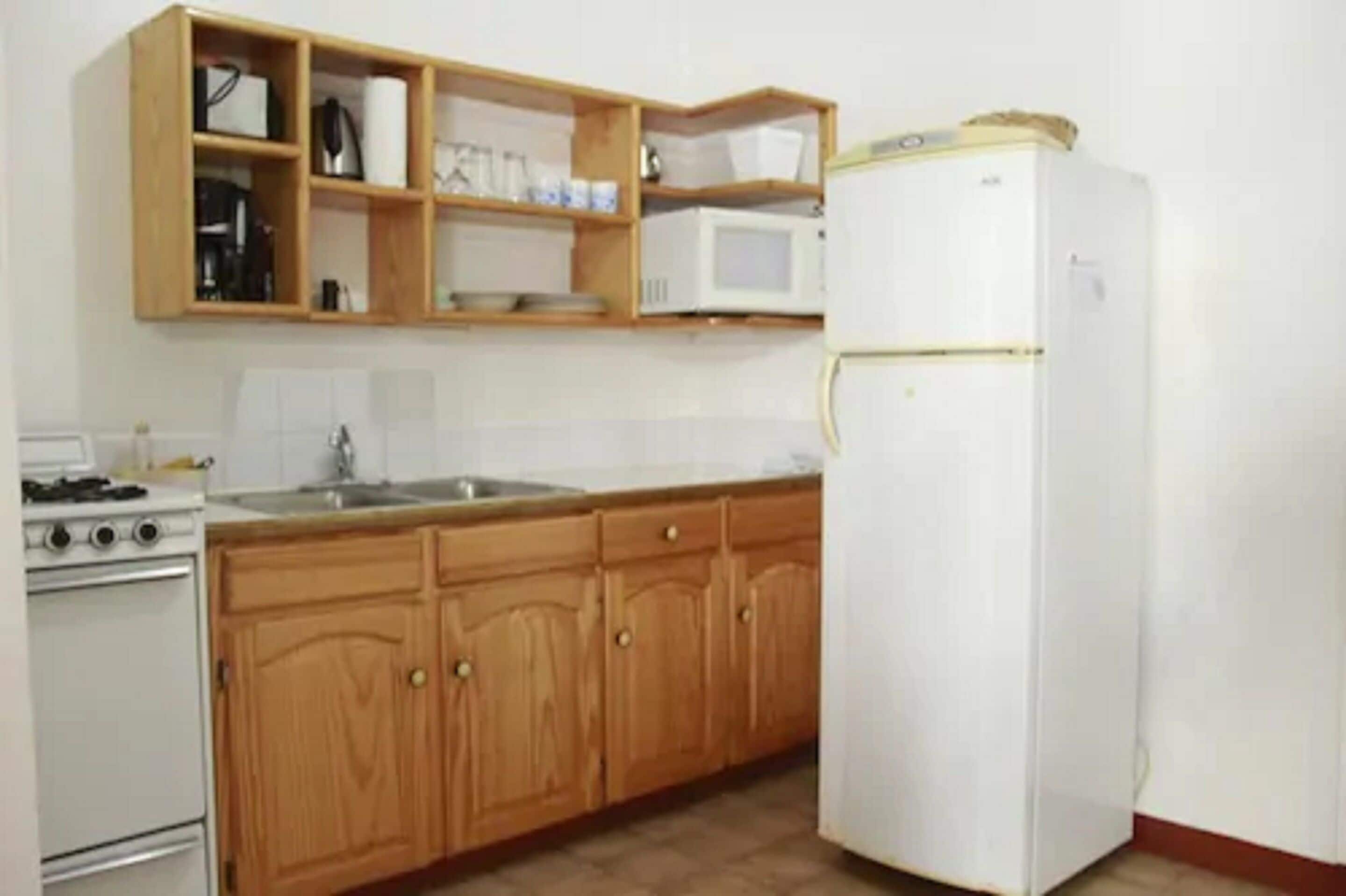 standard apartment, 1 bedroom, garden view | private kitchen | full-sized fridge, microwave, oven, stovetop