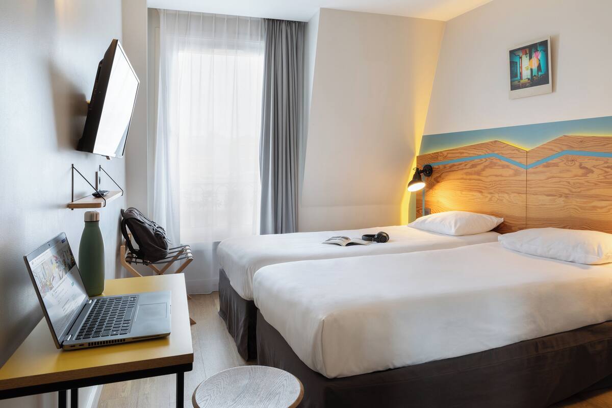 Premium bedding, desk, blackout curtains, soundproofing