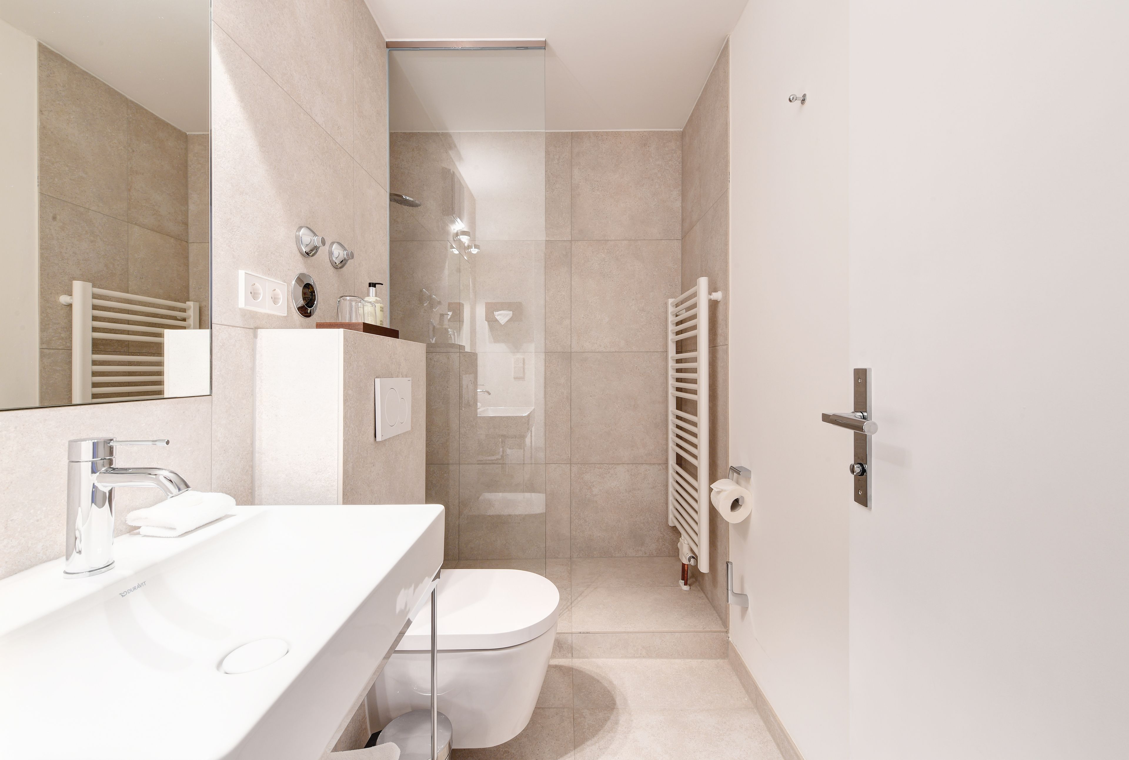 shower, hair dryer, bathrobes, slippers