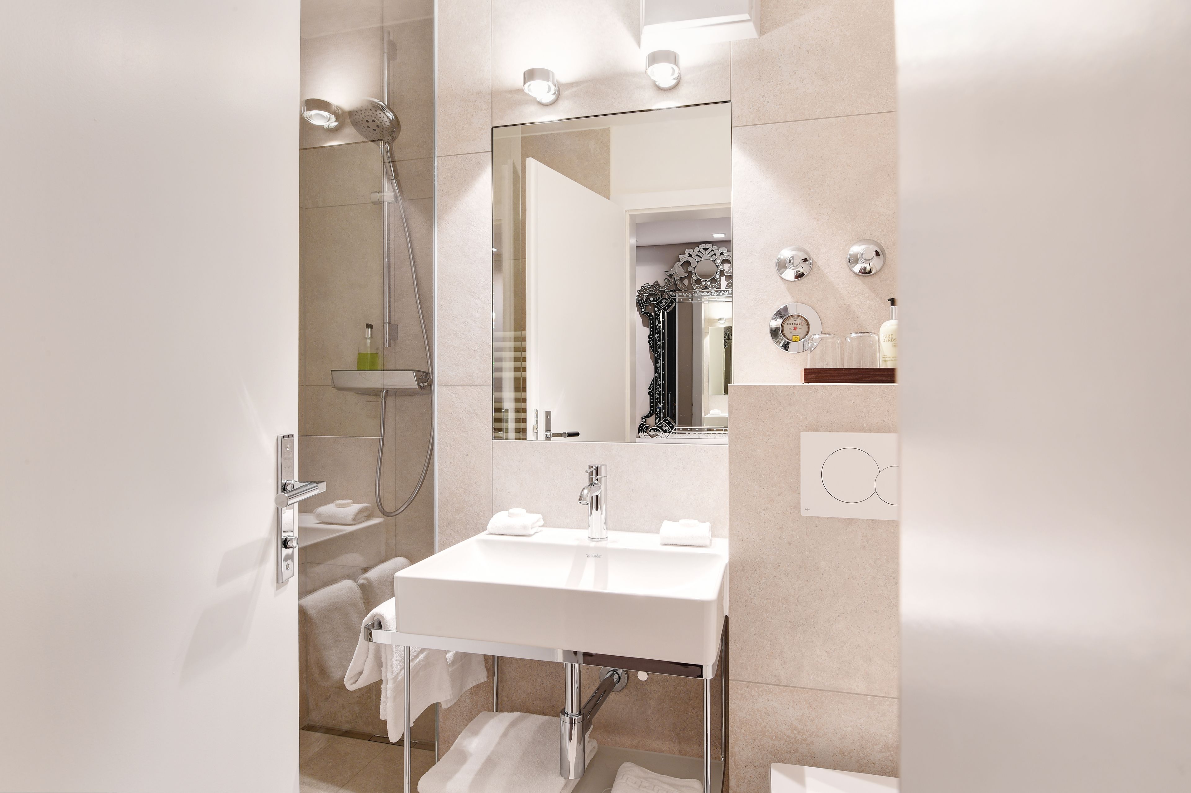 shower, hair dryer, bathrobes, slippers