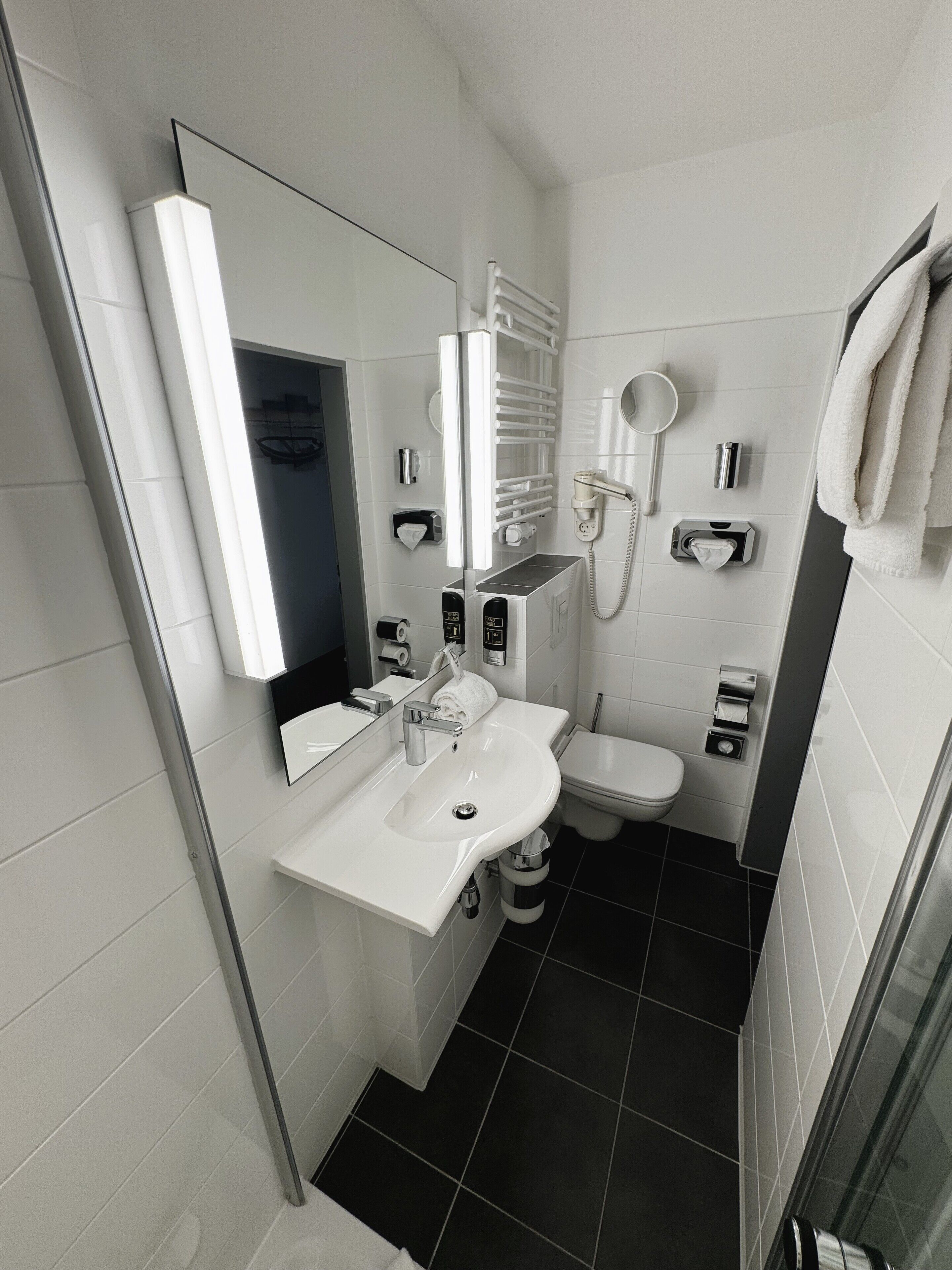 A modern bathroom with a white sink, mirror, and toilet. There is a towel rack and a handheld showerhead.