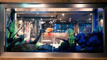 A fish tank with aquatic plants and fish, located in a room with a wooden floor and a seating area in the background.