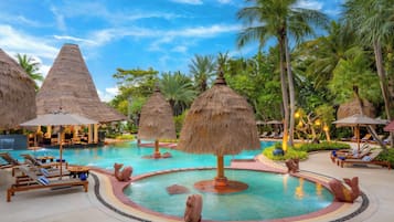 2 outdoor pools, open 7:00 AM to 7:00 PM, pool umbrellas, pool loungers