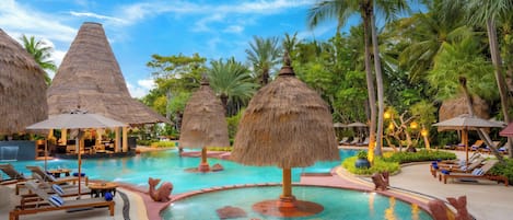 2 outdoor pools, open 7:00 AM to 7:00 PM, pool umbrellas, sun loungers