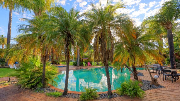 Una piscina rodeada de palmeras y follaje, con un patio y mobiliario exterior.