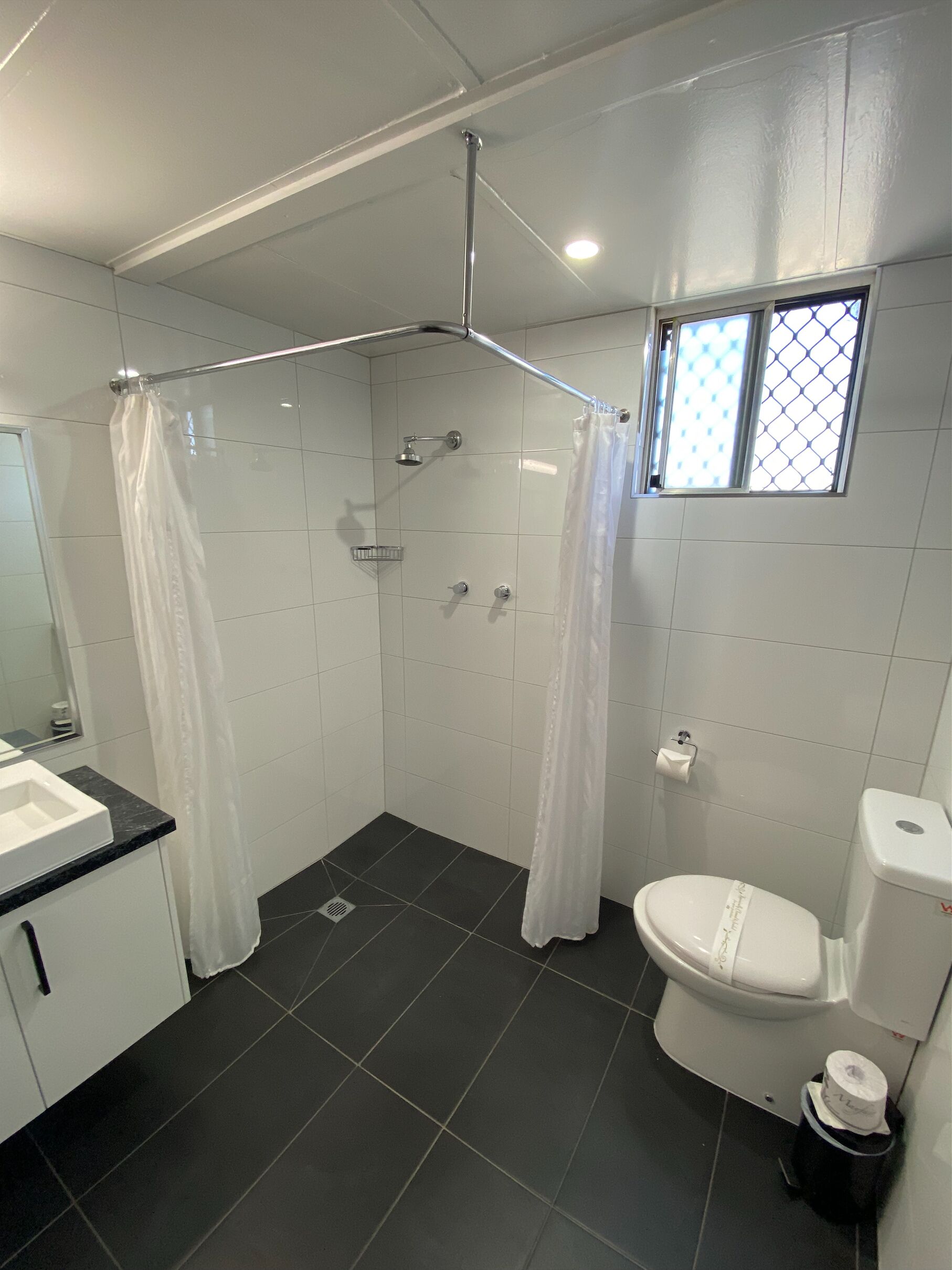 Un baño con ducha, inodoro y lavabo.