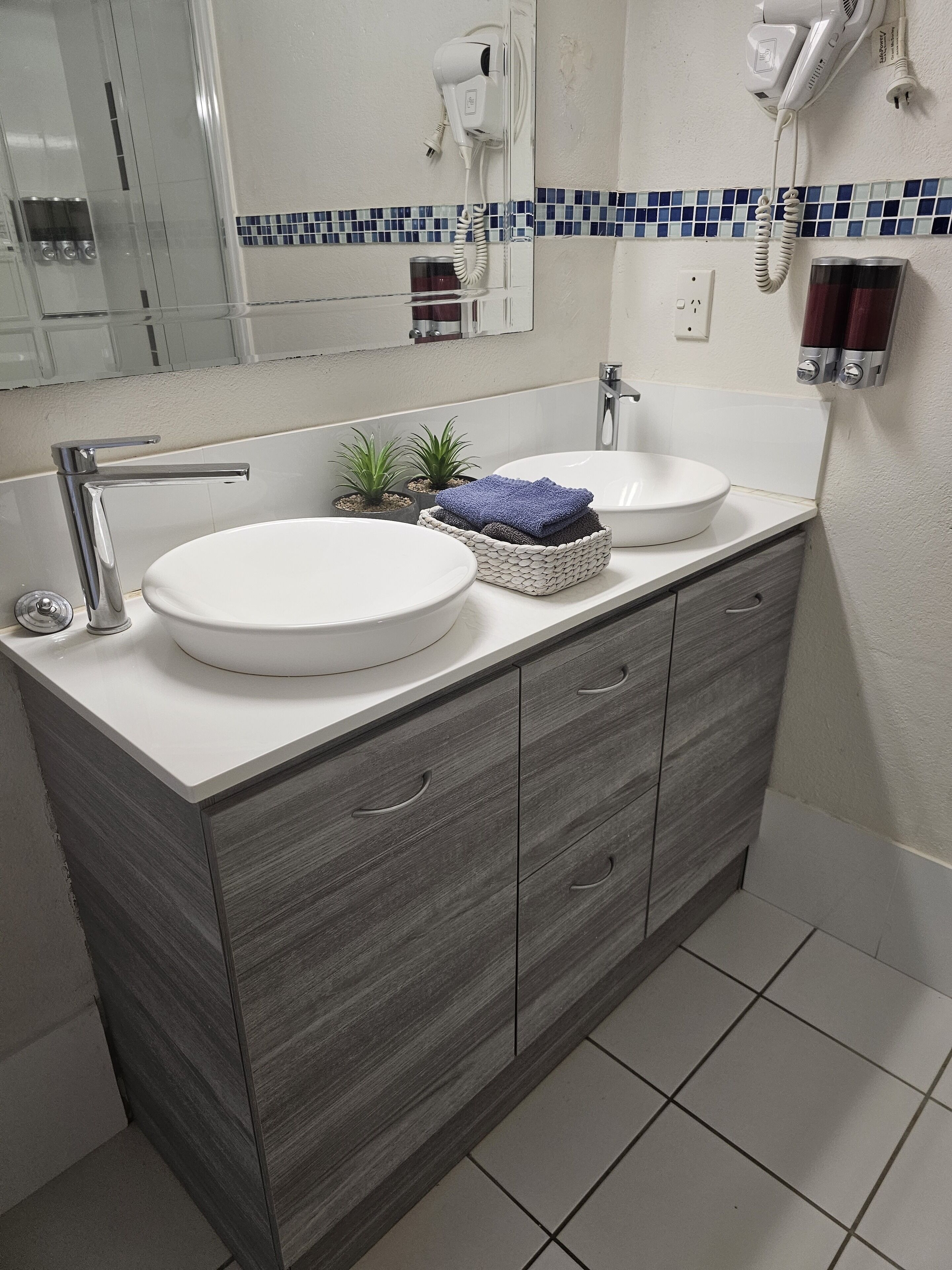 A modern bathroom with two sinks, a mirror, a hairdryer, and a small plant.