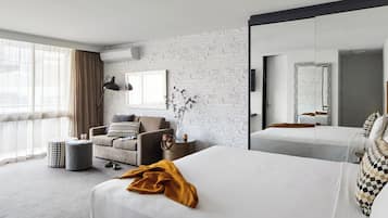 Desk, blackout drapes, soundproofing, iron/ironing board