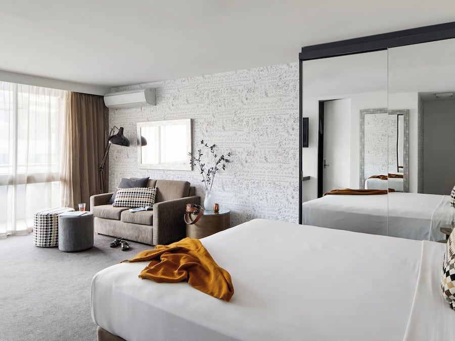 Desk, blackout drapes, soundproofing, iron/ironing board