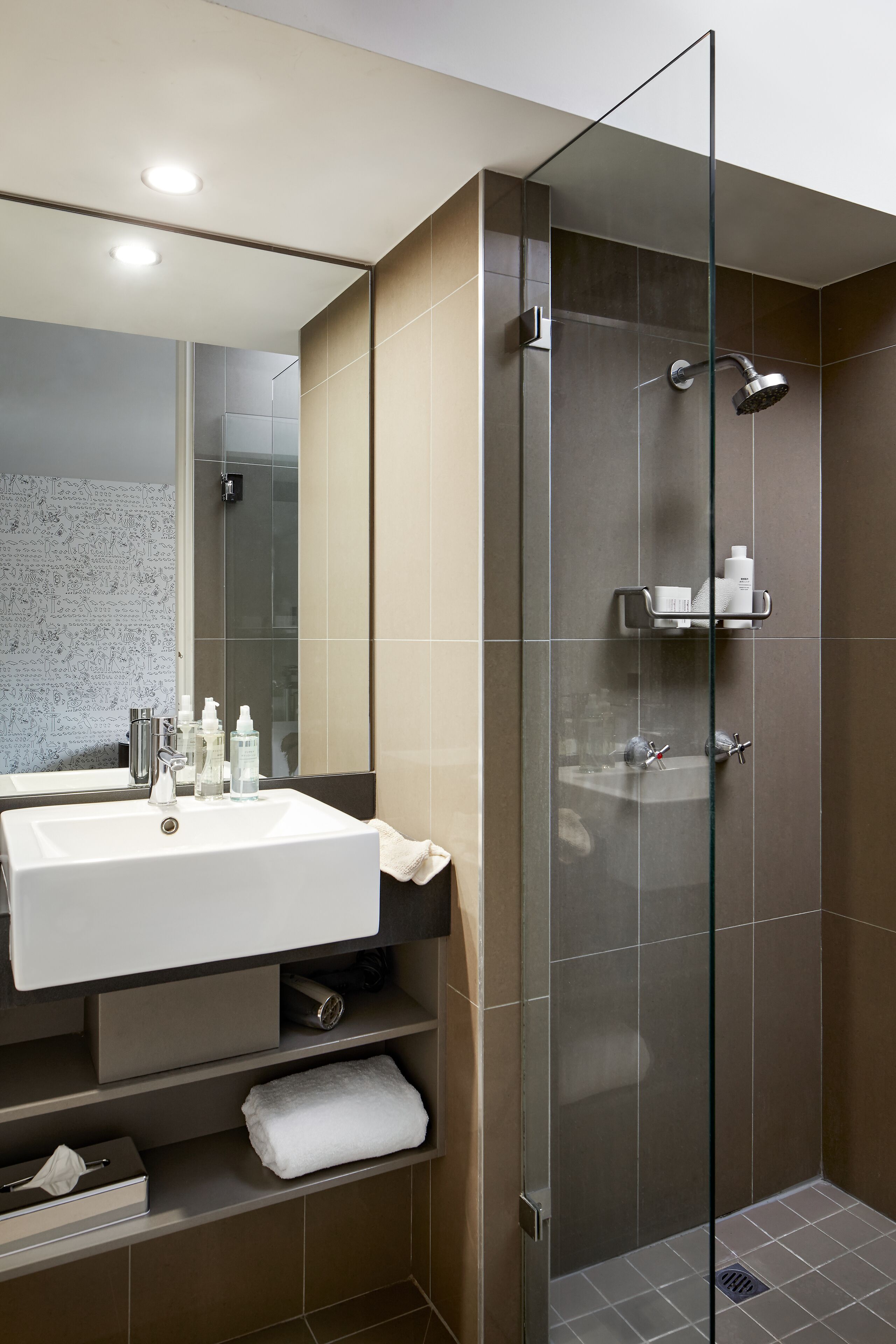 Studio Apartment | Badkamer | Een douche, gratis toiletartikelen, een haardroger, handdoeken
