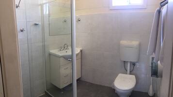 Un baño con cabina de ducha de vidrio, lavamanos e inodoro.