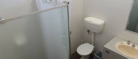 A bathroom with a toilet, sink, and a glass shower enclosure.