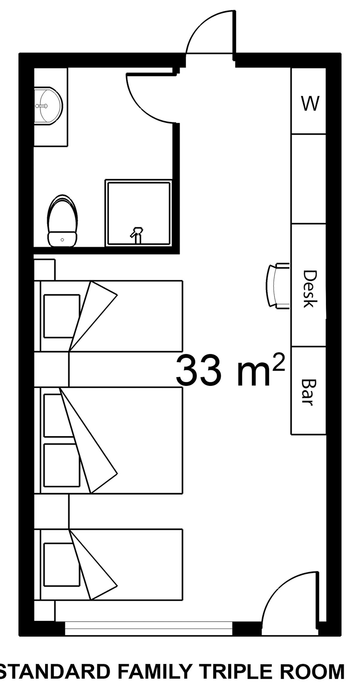 Distribución de una habitación familiar estándar para tres personas, con escritorio, barra y un espacio de 33 metros cuadrados.
