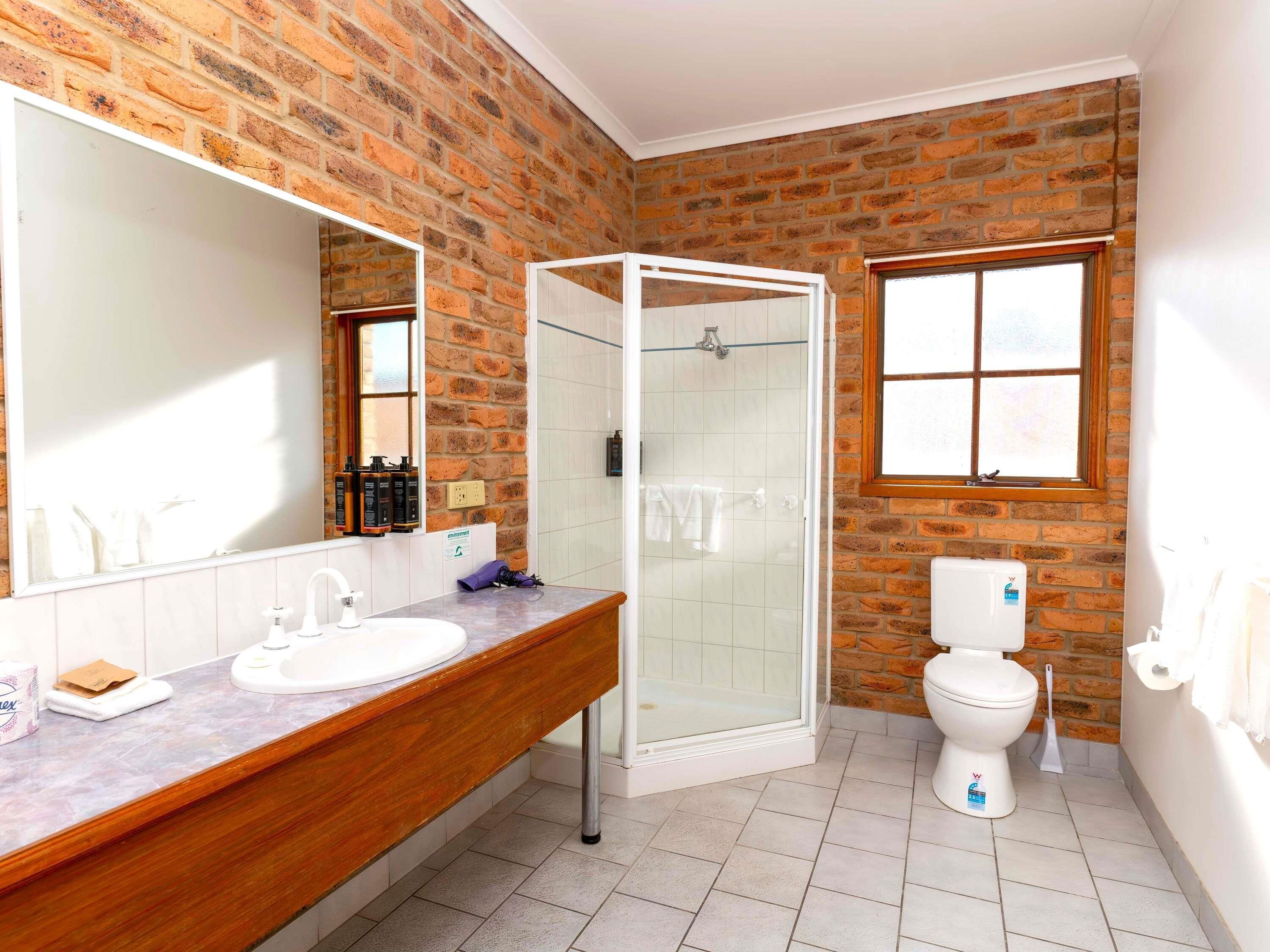 Un baño con tocador de madera, un espejo grande, cabina de ducha y un inodoro.