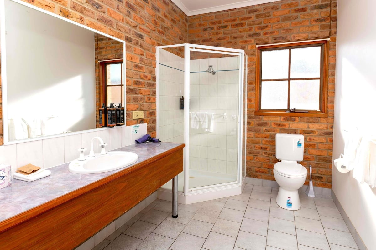 Un baño con tocador de madera, un espejo grande, cabina de ducha y un inodoro.