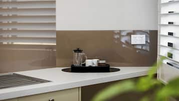 Coffee/tea maker, fridge, microwave, electric kettle