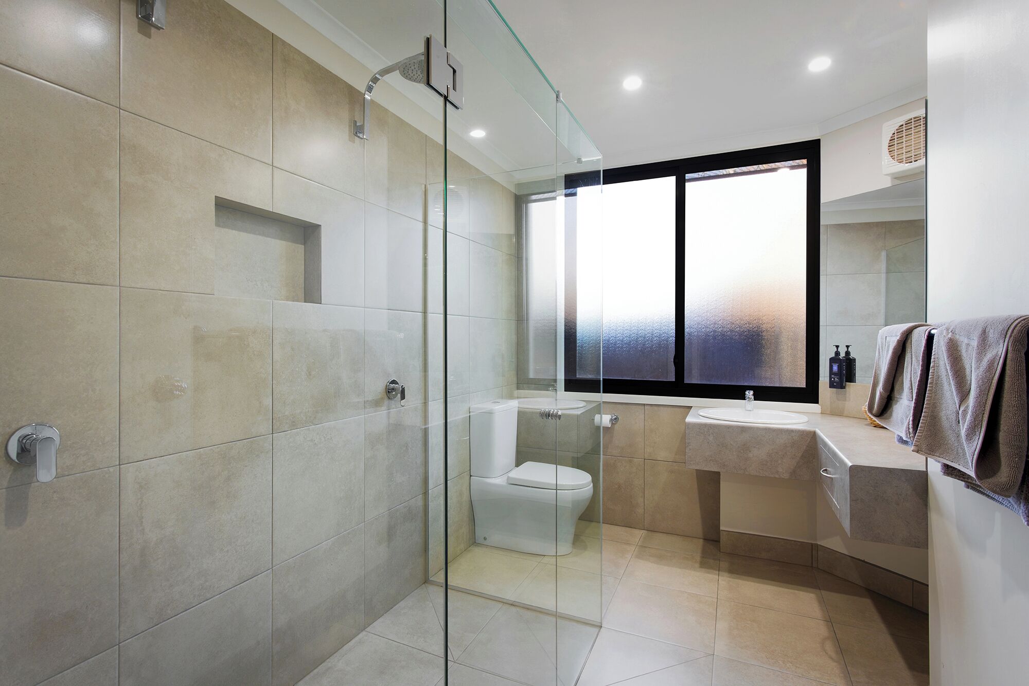 Shower, eco-friendly toiletries, hair dryer, towels