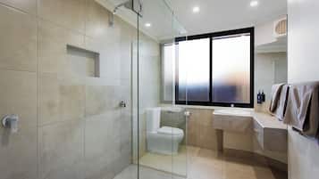 Shower, eco-friendly toiletries, hair dryer, towels