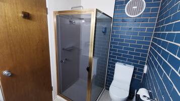 Een badkamer met een douchecabine van glas, een wit toilet en een wand betegeld met blauwe tegels.