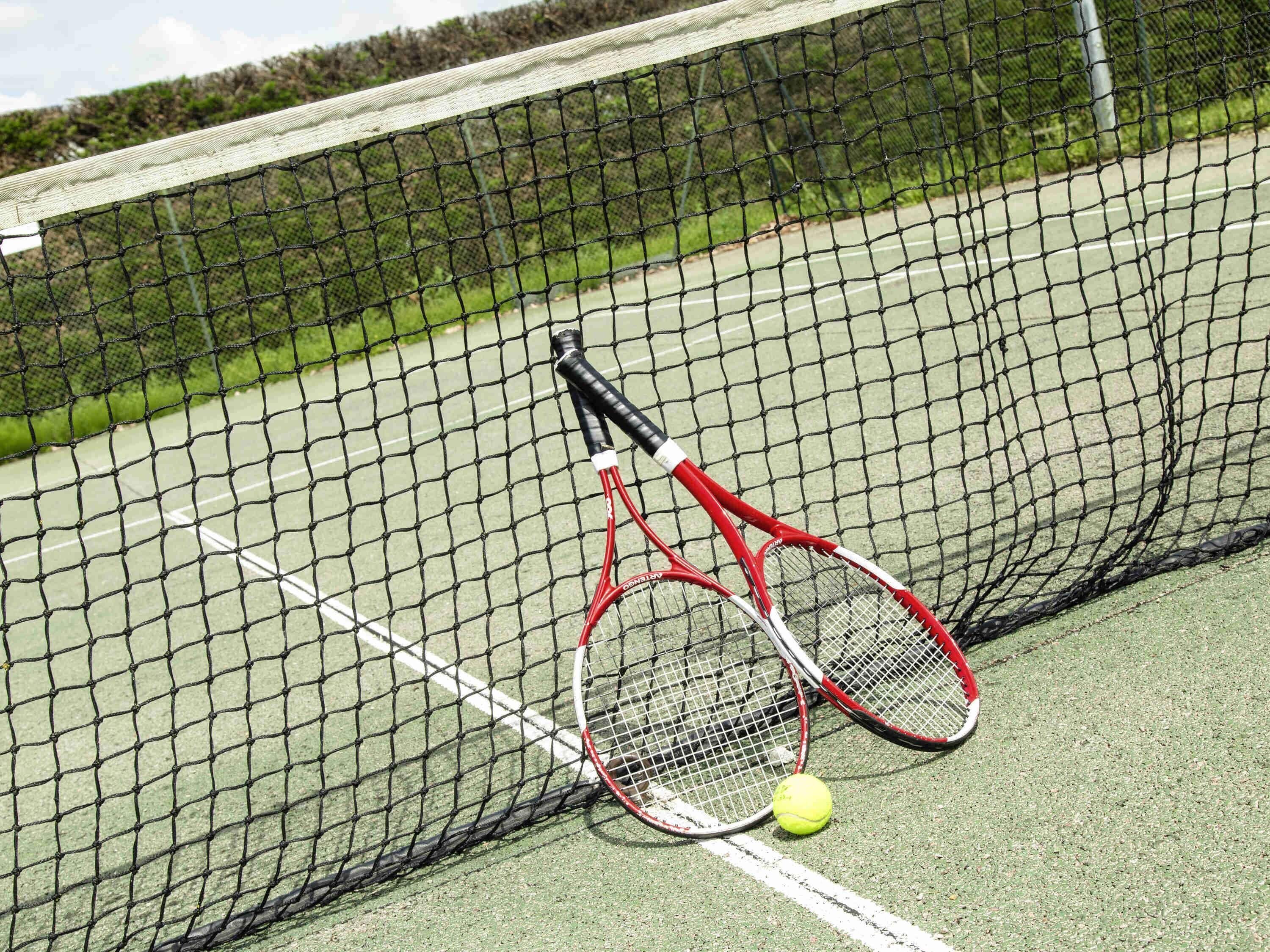 Una cancha de tenis con una red, dos raquetas y una pelota.