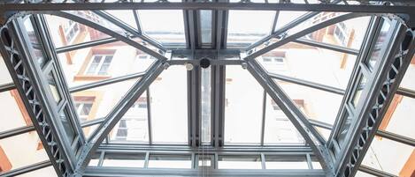 A metal framework of a skylight with a view of buildings through the glass.