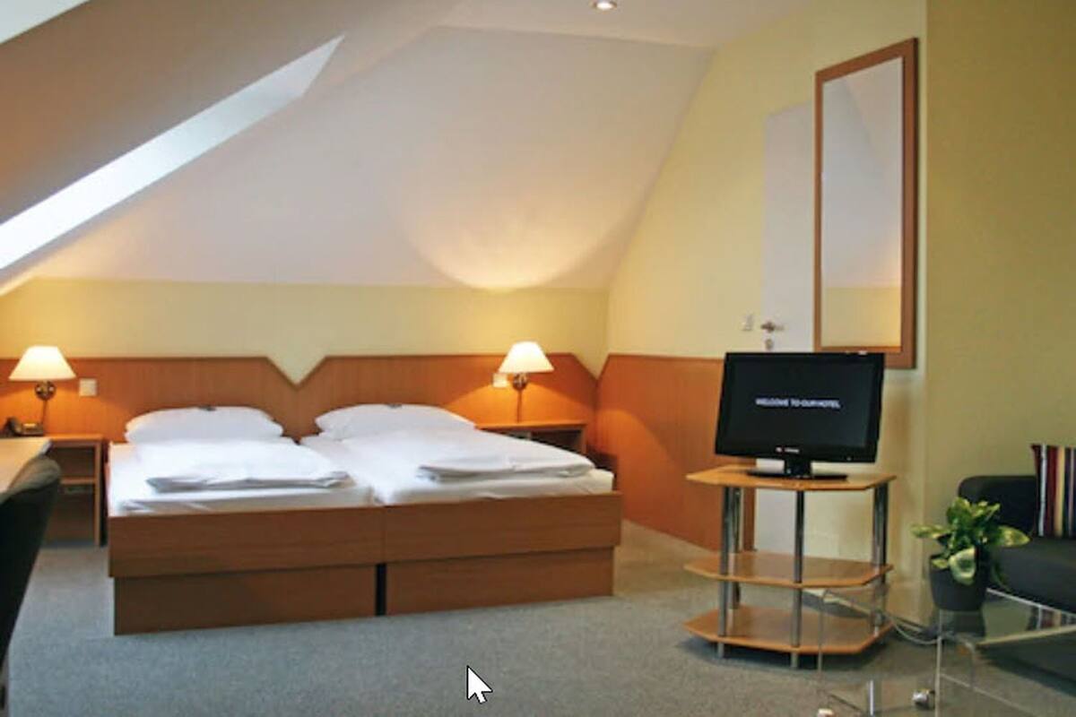 Una habitación de hotel con una cama, lámparas de noche, un televisor, una mesita pequeña y una planta en maceta.